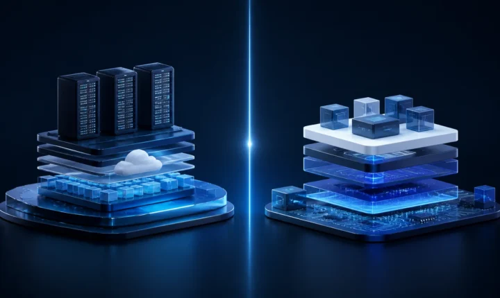 Two balanced abstract technology systems shown side by side