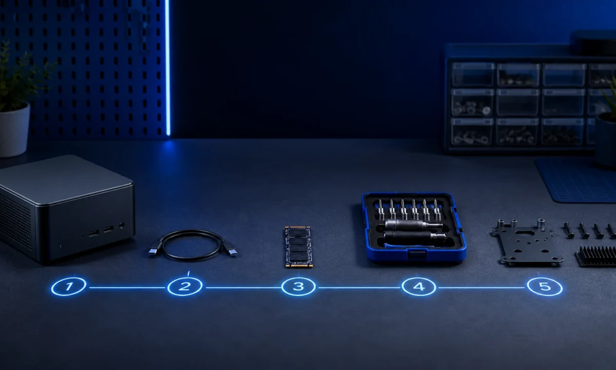 A technical workbench with computer components arranged in a sequence
