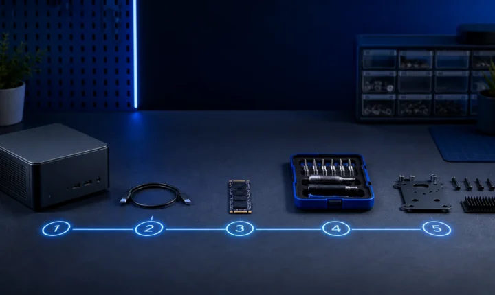 A technical workbench with computer components arranged in a sequence
