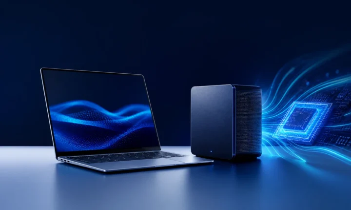 A modern laptop and compact desktop beside an abstract illuminated processor