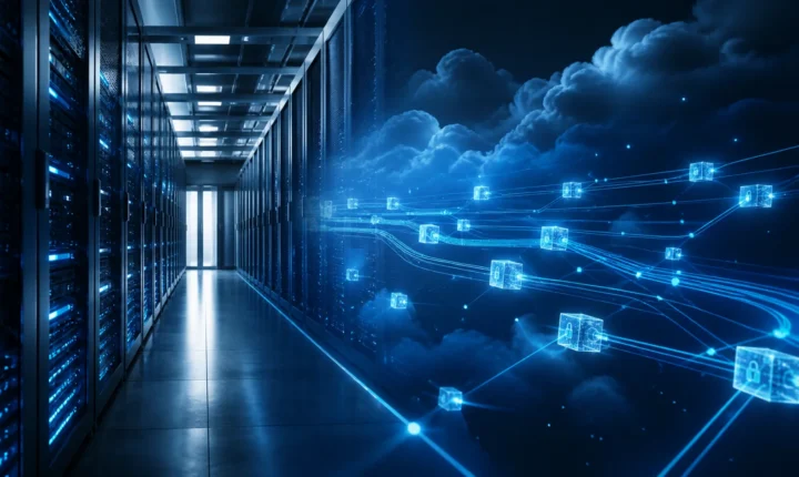 A modern server aisle connected to an abstract cloud data network